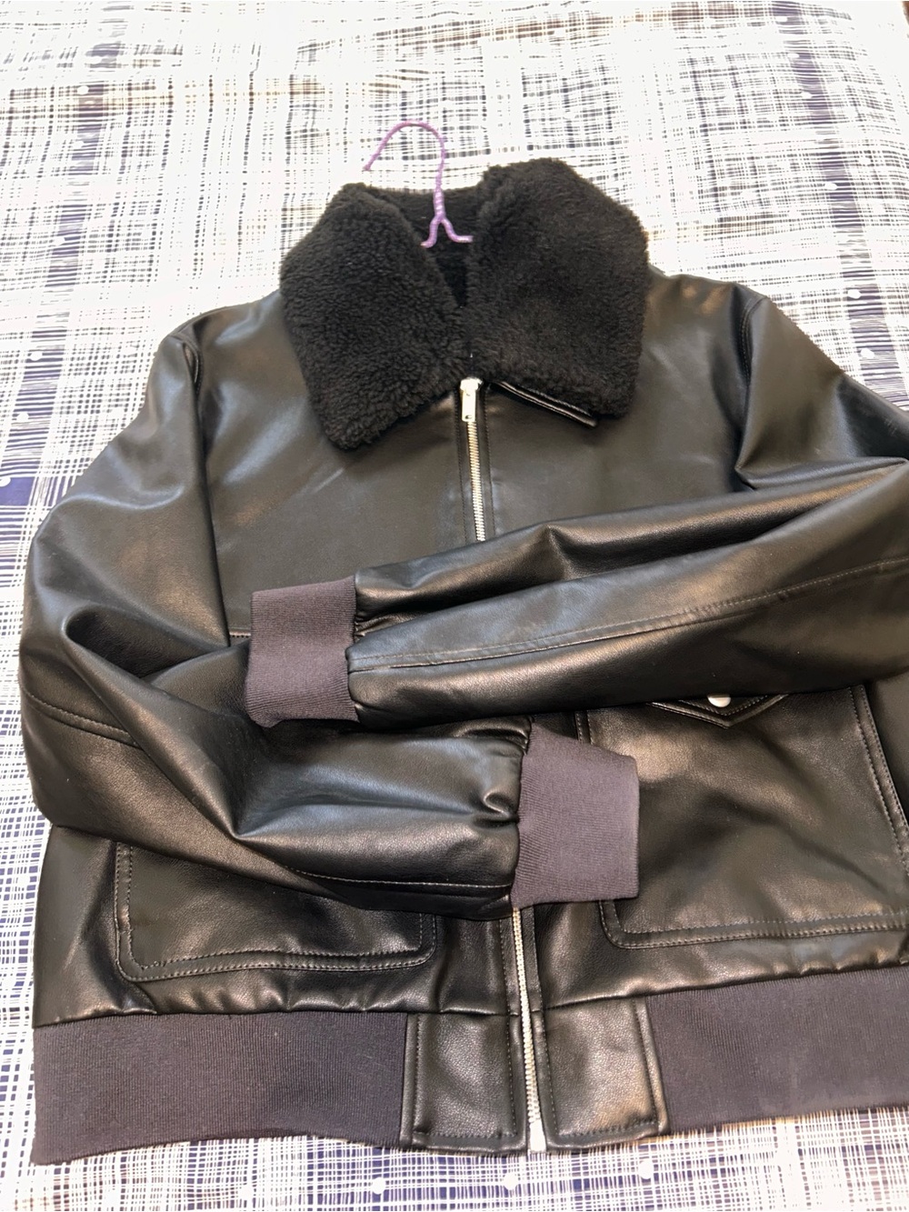 GAP Black Vegan Leather Flight Jacket with Shearling Collar - Picture 4 of 16